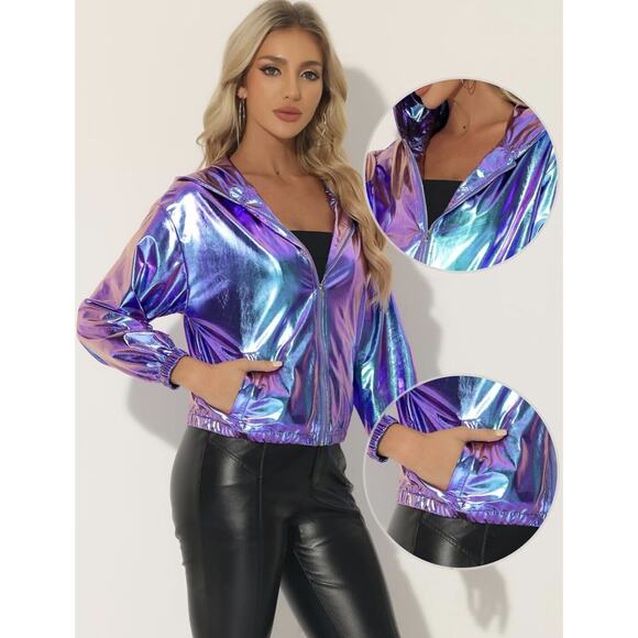 Allegra K Holographic Hooded Jacket For Women Size XL - Picture 2 of 6
